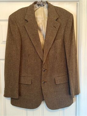 Vtg Chaps Ralph Lauren Tweed Houndstooth Brown Scottish Wool Blazer Made USA